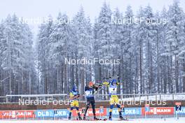 04.12.2022, Kontiolahti, Finland (FIN): Jesper Nelin (SWE), Roman Rees (GER), Sebastian Samuelsson (SWE), (l-r) - IBU World Cup Biathlon, pursuit men, Kontiolahti (FIN). www.nordicfocus.com. © Manzoni/NordicFocus. Every downloaded picture is fee-liable.