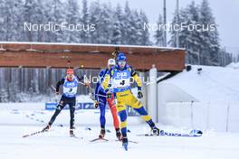 04.12.2022, Kontiolahti, Finland (FIN): Roman Rees (GER), Emilien Jacquelin (FRA), Sebastian Samuelsson (SWE), (l-r) - IBU World Cup Biathlon, pursuit men, Kontiolahti (FIN). www.nordicfocus.com. © Manzoni/NordicFocus. Every downloaded picture is fee-liable.