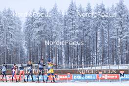 04.12.2022, Kontiolahti, Finland (FIN): Tarjei Boe (NOR), Quentin Fillon Maillet (FRA), Niklas Hartweg (SUI), David Zobel (GER), Filip Andersen (Fjeld), Jesper Nelin (SWE), (l-r) - IBU World Cup Biathlon, pursuit men, Kontiolahti (FIN). www.nordicfocus.com. © Manzoni/NordicFocus. Every downloaded picture is fee-liable.