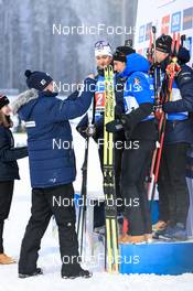 01.12.2022, Kontiolahti, Finland (FIN): Eric Perrot (FRA), Quentin Fillon Maillet (FRA), Fabien Claude (FRA), Emilien Jacquelin (FRA), (l-r) - IBU World Cup Biathlon, relay men, Kontiolahti (FIN). www.nordicfocus.com. © Manzoni/NordicFocus. Every downloaded picture is fee-liable.