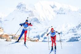 18.12.2022, Annecy-Le Grand Bornand, France (FRA): Antonin Guigonnat (FRA), Sebastian Stalder (SUI), (l-r) -  IBU World Cup Biathlon, mass men, Annecy-Le Grand Bornand (FRA). www.nordicfocus.com. © Authamayou/NordicFocus. Every downloaded picture is fee-liable.