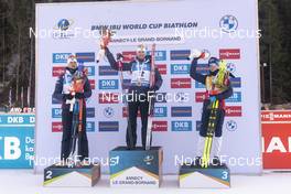 17.12.2022, Annecy-Le Grand Bornand, France (FRA): Vetle Sjaastad Christiansen (NOR), Sturla Holm Laegreid (NOR), Johannes Thingnes Boe (NOR), (l-r) -  IBU World Cup Biathlon, pursuit men, Annecy-Le Grand Bornand (FRA). www.nordicfocus.com. © Thibaut/NordicFocus. Every downloaded picture is fee-liable.