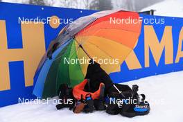 14.12.2022, Annecy-Le Grand Bornand, France (FRA): Event Feature: boots under a umbrella - IBU World Cup Biathlon, training, Annecy-Le Grand Bornand (FRA). www.nordicfocus.com. © Manzoni/NordicFocus. Every downloaded picture is fee-liable.