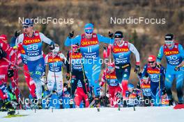03.01.2022, Val di Fiemme, Italy (ITA): Perttu Hyvarinen (FIN), Federico Pellegrino (ITA), Paal Golberg (NOR), Hugo Lapalus (FRA), (l-r)  - FIS world cup cross-country, tour de ski, mass men, Val di Fiemme (ITA). www.nordicfocus.com. © Modica/NordicFocus. Every downloaded picture is fee-liable.