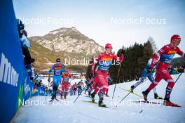 03.01.2022, Val di Fiemme, Italy (ITA): Hugo Lapalus (FRA), Denis Spitsov (RUS), Alexander Bolshunov (RUS), (l-r)  - FIS world cup cross-country, tour de ski, mass men, Val di Fiemme (ITA). www.nordicfocus.com. © Modica/NordicFocus. Every downloaded picture is fee-liable.