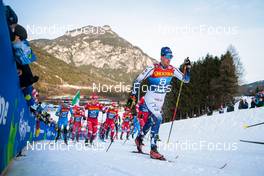 03.01.2022, Val di Fiemme, Italy (ITA): Hugo Lapalus (FRA), Denis Spitsov (RUS), Calle Halfvarsson (SWE), (l-r)  - FIS world cup cross-country, tour de ski, mass men, Val di Fiemme (ITA). www.nordicfocus.com. © Modica/NordicFocus. Every downloaded picture is fee-liable.