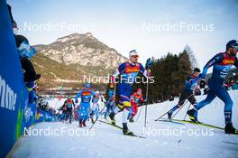 03.01.2022, Val di Fiemme, Italy (ITA): Thomas Bing (GER), Federico Pellegrino (ITA), Ireneu Esteve Altimiras (AND), Michal Novak (CZE), Roman Furger (SUI), (l-r)  - FIS world cup cross-country, tour de ski, mass men, Val di Fiemme (ITA). www.nordicfocus.com. © Modica/NordicFocus. Every downloaded picture is fee-liable.