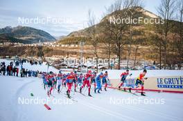 03.01.2022, Val di Fiemme, Italy (ITA): Hugo Lapalus (FRA), Harald Oestberg Amundsen (NOR), Calle Halfvarsson (SWE), Denis Spitsov (RUS), Alexander Bolshunov (RUS), Paal Golberg (NOR), Erik Valnes (NOR), Johannes Hoesflot Klaebo (NOR), (l-r)  - FIS world cup cross-country, tour de ski, mass men, Val di Fiemme (ITA). www.nordicfocus.com. © Modica/NordicFocus. Every downloaded picture is fee-liable.
