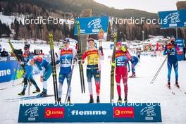 03.01.2022, Val di Fiemme, Italy (ITA): Iivo Niskanen (FIN), Johannes Hoesflot Klaebo (NOR), Alexey Chervotkin (RUS), (l-r) - FIS world cup cross-country, tour de ski, mass men, Val di Fiemme (ITA). www.nordicfocus.com. © Modica/NordicFocus. Every downloaded picture is fee-liable.