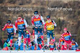 03.01.2022, Val di Fiemme, Italy (ITA): Martin Loewstroem Nyenget (NOR), Erik Valnes (NOR), Harald Oestberg Amundsen (NOR), Johannes Hoesflot Klaebo (NOR), (l-r)  - FIS world cup cross-country, tour de ski, mass men, Val di Fiemme (ITA). www.nordicfocus.com. © Modica/NordicFocus. Every downloaded picture is fee-liable.
