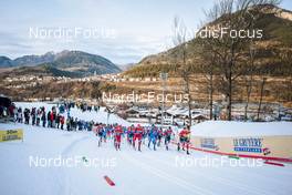03.01.2022, Val di Fiemme, Italy (ITA): Harald Oestberg Amundsen (NOR), Hugo Lapalus (FRA), Denis Spitsov (RUS), Alexander Bolshunov (RUS), Francesco De Fabiani (ITA), Paal Golberg (NOR), Johannes Hoesflot Klaebo (NOR), (l-r)  - FIS world cup cross-country, tour de ski, mass men, Val di Fiemme (ITA). www.nordicfocus.com. © Modica/NordicFocus. Every downloaded picture is fee-liable.