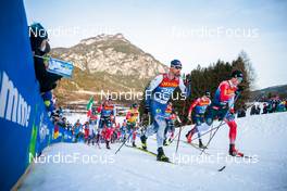 03.01.2022, Val di Fiemme, Italy (ITA): Calle Halfvarsson (SWE), Paal Golberg (NOR), Johannes Hoesflot Klaebo (NOR), Perttu Hyvarinen (FIN), Martin Loewstroem Nyenget (NOR), Harald Oestberg Amundsen (NOR), (l-r)  - FIS world cup cross-country, tour de ski, mass men, Val di Fiemme (ITA). www.nordicfocus.com. © Modica/NordicFocus. Every downloaded picture is fee-liable.