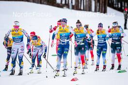 03.01.2022, Val di Fiemme, Italy (ITA): Johanna Hagstroem (SWE), Ebba Andersson (SWE), Kerttu Niskanen (FIN), Heidi Weng (NOR), (l-r)  - FIS world cup cross-country, tour de ski, mass women, Val di Fiemme (ITA). www.nordicfocus.com. © Modica/NordicFocus. Every downloaded picture is fee-liable.