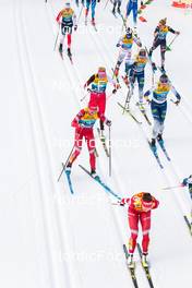 03.01.2022, Val di Fiemme, Italy (ITA): Anne Kjersti Kalvaa (NOR), Teresa Stadlober (AUT), Tatiana Sorina (RUS), Charlotte Kalla (SWE), Anne Kylloenen (FIN), Jessie Diggins (USA), Johanna Matintalo (FIN), Natalia Nepryaeva (RUS), (l-r)  - FIS world cup cross-country, tour de ski, mass women, Val di Fiemme (ITA). www.nordicfocus.com. © Modica/NordicFocus. Every downloaded picture is fee-liable.