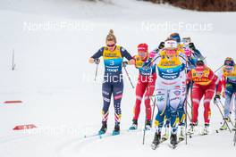 03.01.2022, Val di Fiemme, Italy (ITA): Jessie Diggins (USA), Tatiana Sorina (RUS), Natalia Nepryaeva (RUS), (l-r)  - FIS world cup cross-country, tour de ski, mass women, Val di Fiemme (ITA). www.nordicfocus.com. © Modica/NordicFocus. Every downloaded picture is fee-liable.