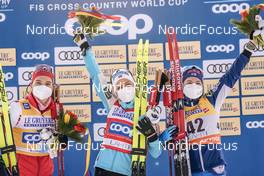 27.02.2022, Lahti Finland (FIN): Natalia Nepryaeva (RUS), Therese Johaug (NOR), Krista Parmakoski (FIN), (l-r) - FIS world cup cross-country, 10km women, Lahti (FIN). www.nordicfocus.com. © Thibaut/NordicFocus. Every downloaded picture is fee-liable.