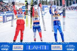 27.02.2022, Lahti Finland (FIN): Natalia Nepryaeva (RUS), Therese Johaug (NOR), Krista Parmakoski (FIN), (l-r)  - FIS world cup cross-country, 10km women, Lahti (FIN). www.nordicfocus.com. © Thibaut/NordicFocus. Every downloaded picture is fee-liable.