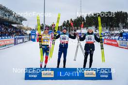 27.02.2022, Lahti Finland (FIN): Johannes Hoesflot Klaebo (NOR), Iivo Niskanen (FIN), William Poromaa (SWE), (l-r) - FIS world cup cross-country, 15km men, Lahti (FIN). www.nordicfocus.com. © Thibaut/NordicFocus. Every downloaded picture is fee-liable.