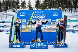 27.02.2022, Lahti Finland (FIN): Johannes Hoesflot Klaebo (NOR), Iivo Niskanen (FIN), William Poromaa (SWE), (l-r) - FIS world cup cross-country, 15km men, Lahti (FIN). www.nordicfocus.com. © Thibaut/NordicFocus. Every downloaded picture is fee-liable.