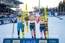 26.02.2022, Lahti Finland (FIN): Lucas Chanavat (FRA), Johannes Hoesflot Klaebo (NOR), Sindre Bjoernestad Skar (NOR), (l-r) - FIS world cup cross-country, individual sprint, Lahti (FIN). www.nordicfocus.com. © Modica/NordicFocus. Every downloaded picture is fee-liable.