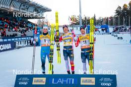 26.02.2022, Lahti Finland (FIN): Lucas Chanavat (FRA), Johannes Hoesflot Klaebo (NOR), Sindre Bjoernestad Skar (NOR), (l-r) - FIS world cup cross-country, individual sprint, Lahti (FIN). www.nordicfocus.com. © Modica/NordicFocus. Every downloaded picture is fee-liable.