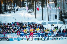 26.02.2022, Lahti Finland (FIN): Sindre Bjoernestad Skar (NOR), Alexander Bolshunov (RUS), Lauri Vuorinen (FIN), Michal Novak (CZE), Richard Jouve (FRA), Marcus Grate (SWE), (l-r)  - FIS world cup cross-country, individual sprint, Lahti (FIN). www.nordicfocus.com. © Modica/NordicFocus. Every downloaded picture is fee-liable.