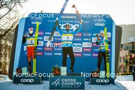 03.03.2022, Drammen, Norway (NOR): Qiang Wang (CHN), Richard Jouve (FRA), Lucas Chanavat (FRA), (l-r) - FIS world cup cross-country, individual sprint, Drammen (NOR). www.nordicfocus.com. © Modica/NordicFocus. Every downloaded picture is fee-liable.