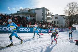 03.03.2022, Drammen, Norway (NOR): Lucas Chanavat (FRA), Richard Jouve (FRA), Sivert Wiig (NOR), Harald Oestberg Amundsen (NOR), Jovian Hediger (SUI), (l-r)  - FIS world cup cross-country, individual sprint, Drammen (NOR). www.nordicfocus.com. © Modica/NordicFocus. Every downloaded picture is fee-liable.