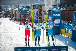 03.03.2022, Drammen, Norway (NOR): Qiang Wang (CHN), Richard Jouve (FRA), Lucas Chanavat (FRA), (l-r) - FIS world cup cross-country, individual sprint, Drammen (NOR). www.nordicfocus.com. © Modica/NordicFocus. Every downloaded picture is fee-liable.