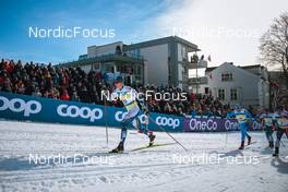 03.03.2022, Drammen, Norway (NOR): George Ersson (SWE), Federico Pellegrino (ITA), Ristomatti Hakola (FIN), Lauri Vuorinen (FIN), (l-r)  - FIS world cup cross-country, individual sprint, Drammen (NOR). www.nordicfocus.com. © Modica/NordicFocus. Every downloaded picture is fee-liable.