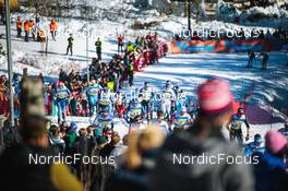 06.03.2022, Oslo, Norway (NOR): Jonas Baumann (SUI), Eirik Mysen (NOR), Jens Burman (SWE), Dario Cologna (SUI), Jonas Dobler (GER), Sjur Roethe (NOR), Perttu Hyvarinen (FIN), (l-r)  - FIS world cup cross-country, mass men, Oslo (NOR). www.nordicfocus.com. © Modica/NordicFocus. Every downloaded picture is fee-liable.