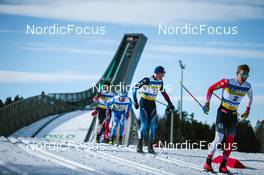 06.03.2022, Oslo, Norway (NOR): Simone Dapra (ITA), Dario Cologna (SUI), Simen Hegstad Krueger (NOR), (l-r)  - FIS world cup cross-country, mass men, Oslo (NOR). www.nordicfocus.com. © Modica/NordicFocus. Every downloaded picture is fee-liable.
