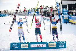 12.03.2022, Falun, Sweden (SWE): Jonna Sundling (SWE), Therese Johaug (NOR), Jessie Diggins (USA), (l-r)  - FIS world cup cross-country, 10km women, Falun (SWE). www.nordicfocus.com. © Modica/NordicFocus. Every downloaded picture is fee-liable.