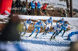 11.03.2022, Falun, Sweden (SWE): Johan Haeggstroem (SWE), Simone Mocellini (ITA), Emil Danielsson (SWE), Oskar Svensson (SWE), Jules Chappaz (FRA), (l-r) - FIS world cup cross-country, individual sprint, Falun (SWE). www.nordicfocus.com. © Modica/NordicFocus. Every downloaded picture is fee-liable.