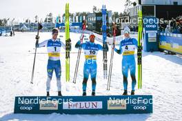 11.03.2022, Falun, Sweden (SWE): Joni Maki (FIN), Richard Jouve (FRA), Lucas Chanavat (FRA), (l-r) - FIS world cup cross-country, individual sprint, Falun (SWE). www.nordicfocus.com. © Modica/NordicFocus. Every downloaded picture is fee-liable.
