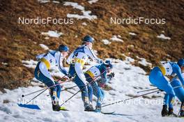 11.03.2022, Falun, Sweden (SWE): Johan Haeggstroem (SWE), Emil Danielsson (SWE), Janik Riebli (SUI), Simone Mocellini (ITA), (l-r) - FIS world cup cross-country, individual sprint, Falun (SWE). www.nordicfocus.com. © Modica/NordicFocus. Every downloaded picture is fee-liable.