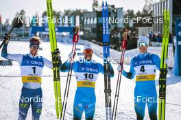 11.03.2022, Falun, Sweden (SWE): Joni Maki (FIN), Richard Jouve (FRA), Lucas Chanavat (FRA), (l-r) - FIS world cup cross-country, individual sprint, Falun (SWE). www.nordicfocus.com. © Modica/NordicFocus. Every downloaded picture is fee-liable.