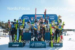 13.03.2022, Falun, Sweden (SWE): Krista Parmakoski (FIN), Iivo Niskanen (FIN), Perttu Hyvarinen (FIN), Kerttu Niskanen (FIN), Zak Ketterson (USA), Jessie Diggins (USA), Scott Patterson (USA), Rosie Brennan (USA), Heidi Weng (NOR), Hans Christer Holund (NOR), Didrik Toenseth (NOR), Therese Johaug (NOR), (l-r) - FIS world cup cross-country, mixed relay, Falun (SWE). www.nordicfocus.com. © Modica/NordicFocus. Every downloaded picture is fee-liable.