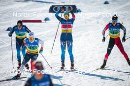 13.03.2022, Falun, Sweden (SWE): Beda Klee (SUI), Sjur Roethe (NOR), Lydia Hiernickel (SUI), Naoto Baba (JPN), (l-r)  - FIS world cup cross-country, mixed relay, Falun (SWE). www.nordicfocus.com. © Modica/NordicFocus. Every downloaded picture is fee-liable.