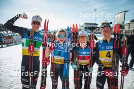 13.03.2022, Falun, Sweden (SWE): Zak Ketterson (USA), Jessie Diggins (USA), Rosie Brennan (USA), Scott Patterson (USA), (l-r)  - FIS world cup cross-country, mixed relay, Falun (SWE). www.nordicfocus.com. © Modica/NordicFocus. Every downloaded picture is fee-liable.