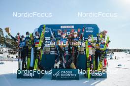 13.03.2022, Falun, Sweden (SWE): Krista Parmakoski (FIN), Iivo Niskanen (FIN), Perttu Hyvarinen (FIN), Kerttu Niskanen (FIN), Zak Ketterson (USA), Jessie Diggins (USA), Scott Patterson (USA), Rosie Brennan (USA), Heidi Weng (NOR), Hans Christer Holund (NOR), Didrik Toenseth (NOR), Therese Johaug (NOR), (l-r) - FIS world cup cross-country, mixed relay, Falun (SWE). www.nordicfocus.com. © Modica/NordicFocus. Every downloaded picture is fee-liable.