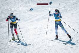 13.03.2022, Falun, Sweden (SWE): Therese Johaug (NOR), Krista Parmakoski (FIN), (l-r)  - FIS world cup cross-country, mixed relay, Falun (SWE). www.nordicfocus.com. © Modica/NordicFocus. Every downloaded picture is fee-liable.