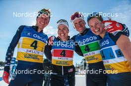 13.03.2022, Falun, Sweden (SWE): Scott Patterson (USA), Rosie Brennan (USA), Zak Ketterson (USA), Jessie Diggins (USA), (l-r)  - FIS world cup cross-country, mixed relay, Falun (SWE). www.nordicfocus.com. © Modica/NordicFocus. Every downloaded picture is fee-liable.