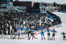 13.03.2022, Falun, Sweden (SWE): Oskar Svensson (SWE), Janosch Brugger (GER), Harald Oestberg Amundsen (NOR), Federico Pellegrino (ITA), Laur Vuorinen (FIN), Graham Ritchie (CAN), Olivier Leveille (CAN), (l-r)  - FIS world cup cross-country, mixed team sprint, Falun (SWE). www.nordicfocus.com. © Modica/NordicFocus. Every downloaded picture is fee-liable.