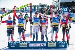 13.03.2022, Falun, Sweden (SWE): Tiril Udnes Weng (NOR), Martin Loewstroem Nyenget (NOR), Jonna Sundling (SWE), Calle Halfvarsson (SWE), Lotta Udnes Weng (NOR), Harald Oestberg Amundsen (NOR), (l-r)  - FIS world cup cross-country, mixed team sprint, Falun (SWE). www.nordicfocus.com. © Modica/NordicFocus. Every downloaded picture is fee-liable.