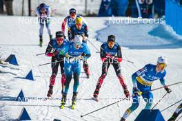 13.03.2022, Falun, Sweden (SWE): Lucas Chanavat (FRA), Olivier Leveille (CAN), Graham Ritchie (CAN), (l-r)  - FIS world cup cross-country, mixed team sprint, Falun (SWE). www.nordicfocus.com. © Modica/NordicFocus. Every downloaded picture is fee-liable.