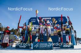 13.03.2022, Falun, Sweden (SWE): Tiril Udnes Weng (NOR), Martin Loewstroem Nyenget (NOR), Calle Halfvarsson (SWE), Jonna Sundling (SWE), Lotta Udnes Weng (NOR), Harald Oestberg Amundsen (NOR), (l-r) - FIS world cup cross-country, mixed team sprint, Falun (SWE). www.nordicfocus.com. © Modica/NordicFocus. Every downloaded picture is fee-liable.