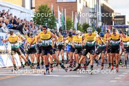 05.08.2022, Sandnes, Norway (NOR): Arnaud Chautemps FRA), Jules Chappaz (FRA), Renaud Jay (FRA), Lucas Chanavat (FRA), Miha Simenc (SLO), (l-r) - BLINK22 Festival Cross-Country - Sandnes (NOR). www.nordicfocus.com. © Manzoni/NordicFocus. Every downloaded picture is fee-liable.