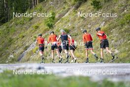 27.09.2022, Lavaze, Italy (ITA): Johan Hoel  (NOR), Andreas Nygaard (NOR), Joar Thele  (NOR), Anders Aukland  (NOR), Oskar Kardin  (SWE), (l-r)  - Cross-Country training, Lavaze (ITA). www.nordicfocus.com. © Vanzetta/NordicFocus. Every downloaded picture is fee-liable.