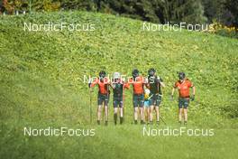 26.09.2022, Lavaze, Italy (ITA): Anders Aukland  (NOR), Joar Thele  (NOR), Johan Hoel  (NOR), Andreas Nygaard (NOR), Oskar Kardin  (SWE), (l-r)  - Cross-Country training, Lavaze (ITA). www.nordicfocus.com. © Vanzetta/NordicFocus. Every downloaded picture is fee-liable.